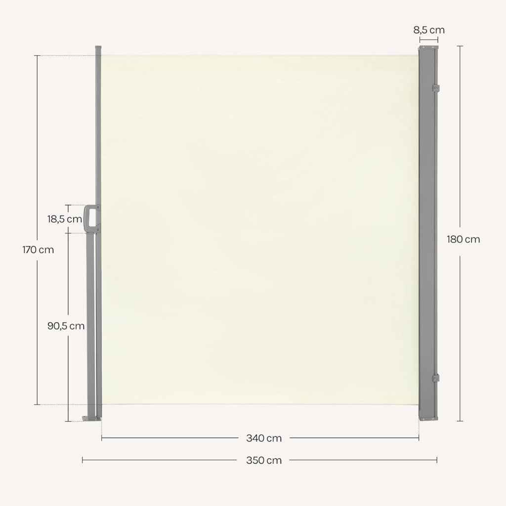 Paravento Esterno, Tenda Laterale Retrattile, 180x350 cm, Frangivista, Protezione Solare & Antivento, per Giardino, Balcone, Terrazza, Patio, Crema
