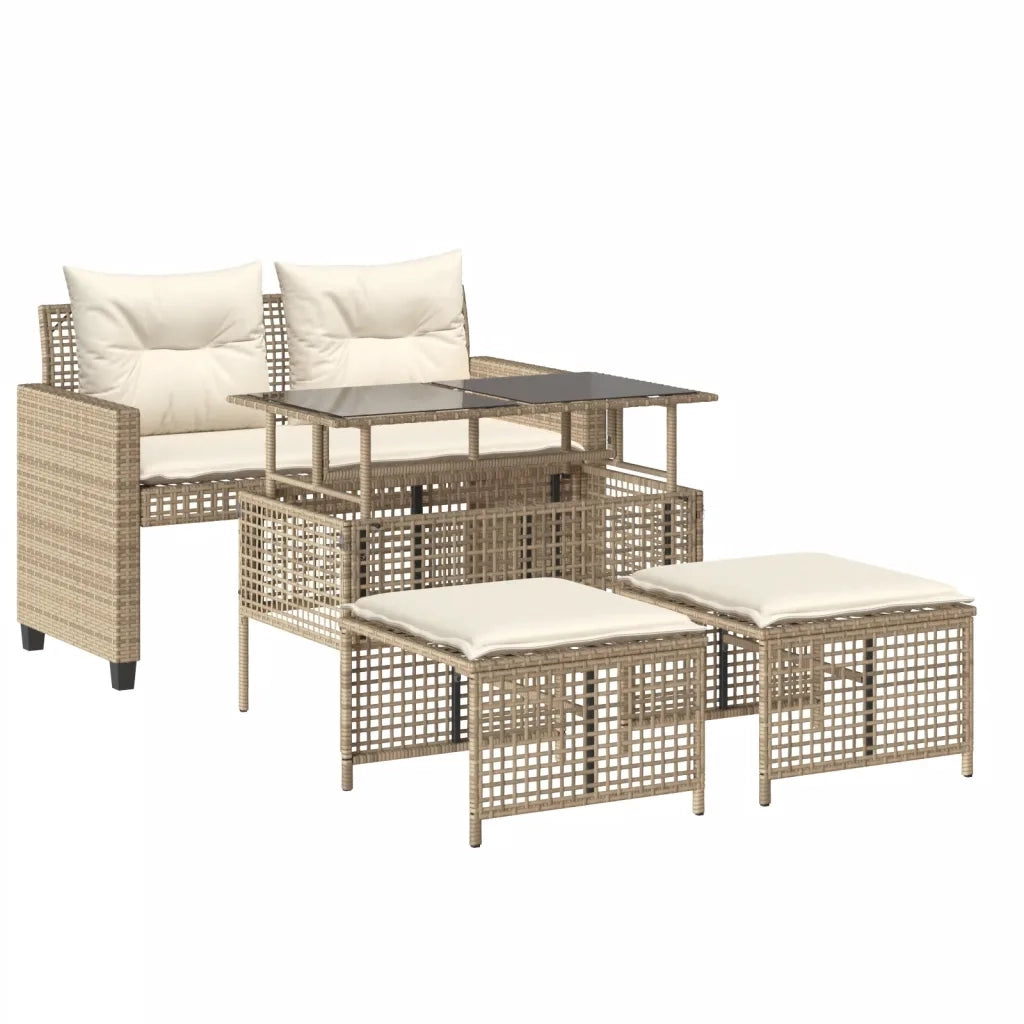 Set Divano da Giardino 4 pz | Set Salotto da Giardino con Cuscini Beige Polyrattan Vetro