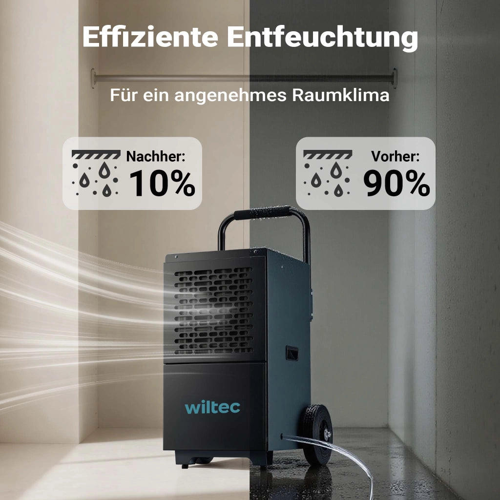 Deumidificatore industriale fino a 50 l/giorno, 650 W, asciugatura muri bagnati per grandi ambienti, max 130 m², serbatoio da 7 l, timer 24 ore