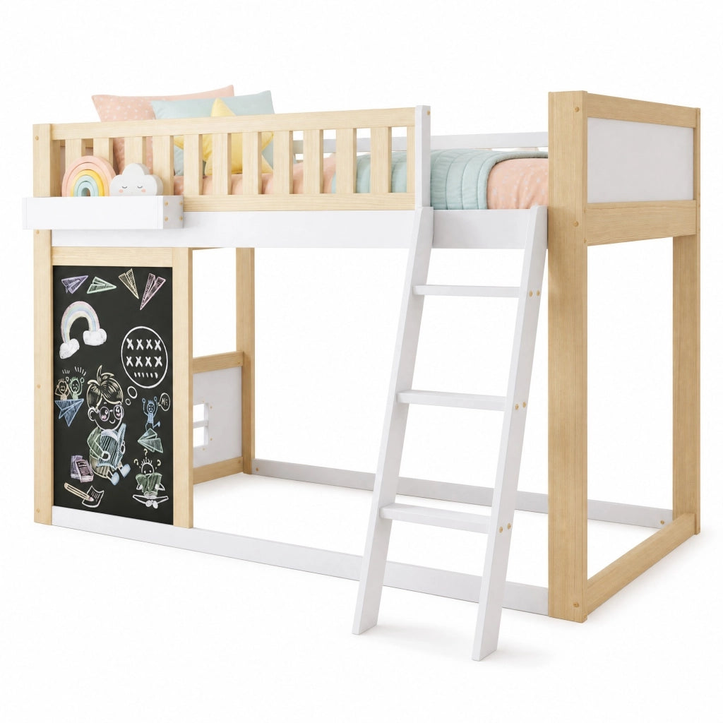 DESMIU Letto a soppalco per bambini 90 × 200 cm 1 posto con lavagnetta, box portaoggetti e sponde, senza materasso