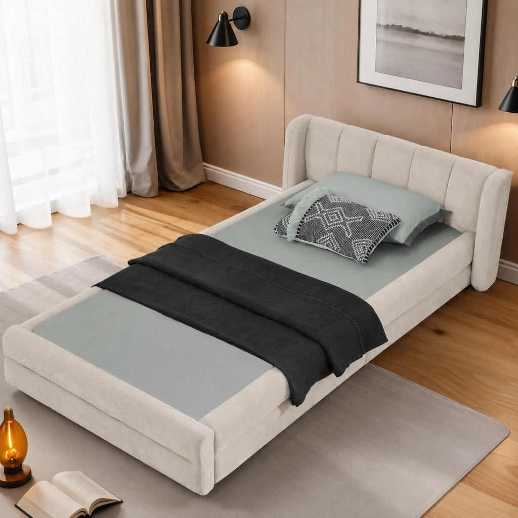 Letto 90x200 cm con testiera ergonomica e struttura stabile in chenille beige