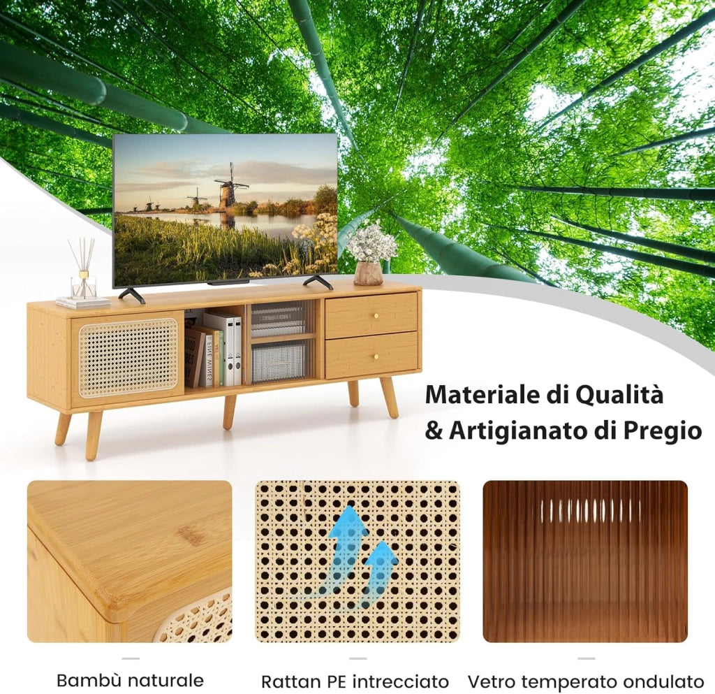 Mobile TV Fino a 65 Pollici, Mobiletto da Salotto in Bambù, Vetro e Rattan PE con 2 Cassetti, Ripiano Regolabile e Porte Scorrevoli, per Soggiorno, Camera da Letto, 140 x 31 x 45,5 cm