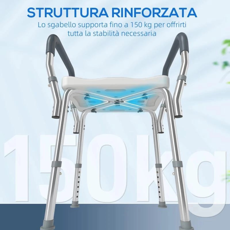 SGABELLO PER DOCCIA REGOLABILE CON BRACCIOLI E FORI DI DRENAGGIO, IN ALLUMINIO, HDPE E EVA, 52X45X57-69 CM