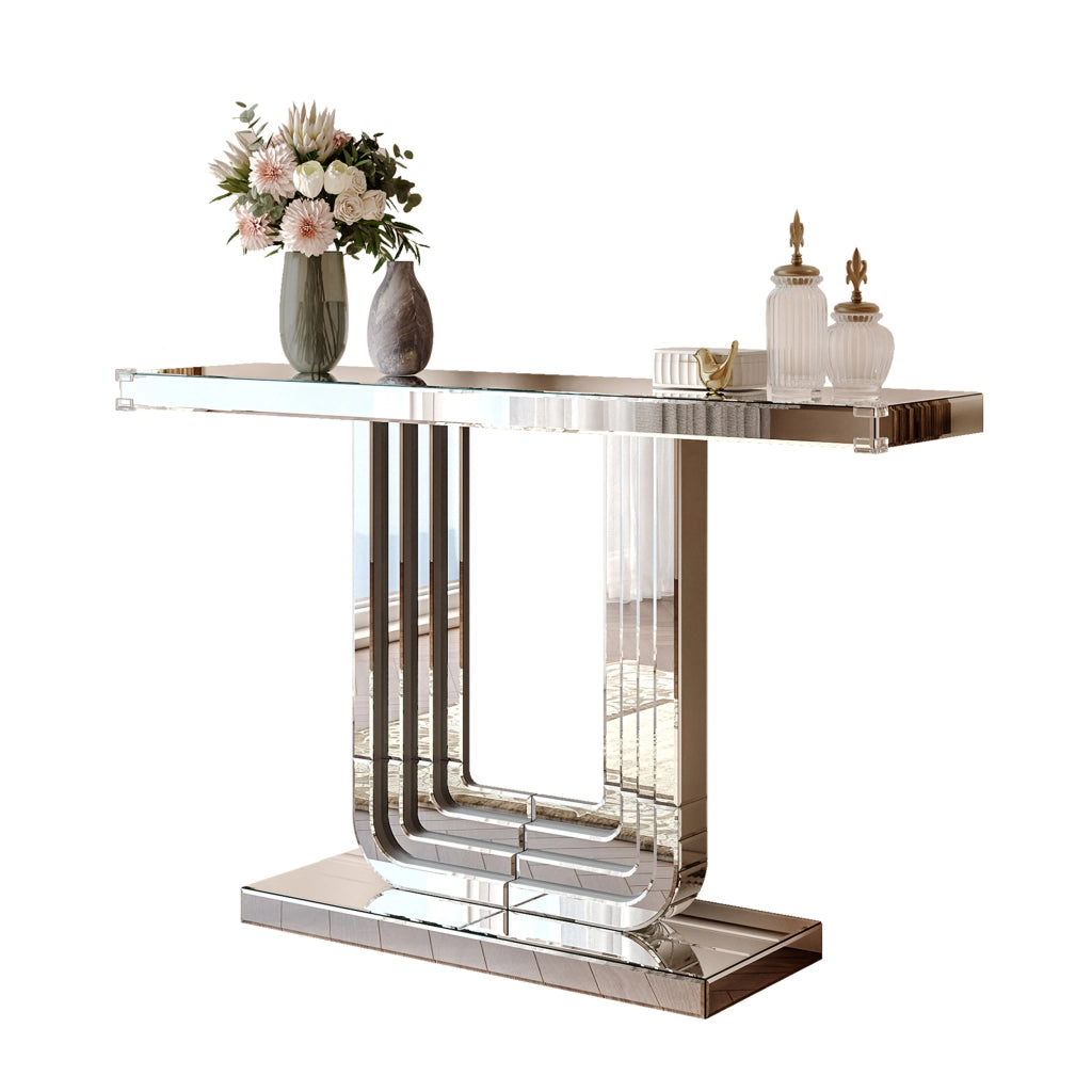 Consolle con base a U e piano a specchio - per ingresso - 135×40×31.5 cm - argento