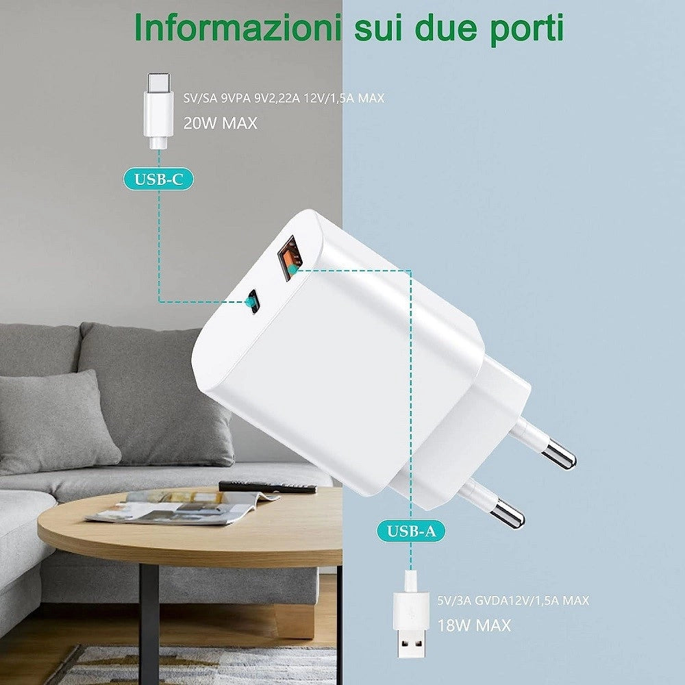 Trade Shop - Caricatore 20w Usb A Usb C Pd 3.0 Per Iphone Xiaomi Huawei Samsung Caricabatteria -