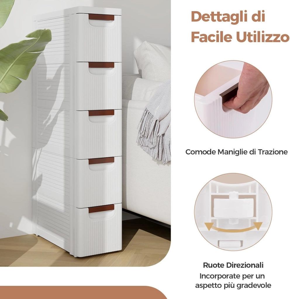 Mobile Bagno con 4 Cassetti, Mobiletto Bagno Salvaspazio con Ruote, Cassettiera in PP per Soggiorno, Bagno e Cucina, 42 x 19 x 74 cm