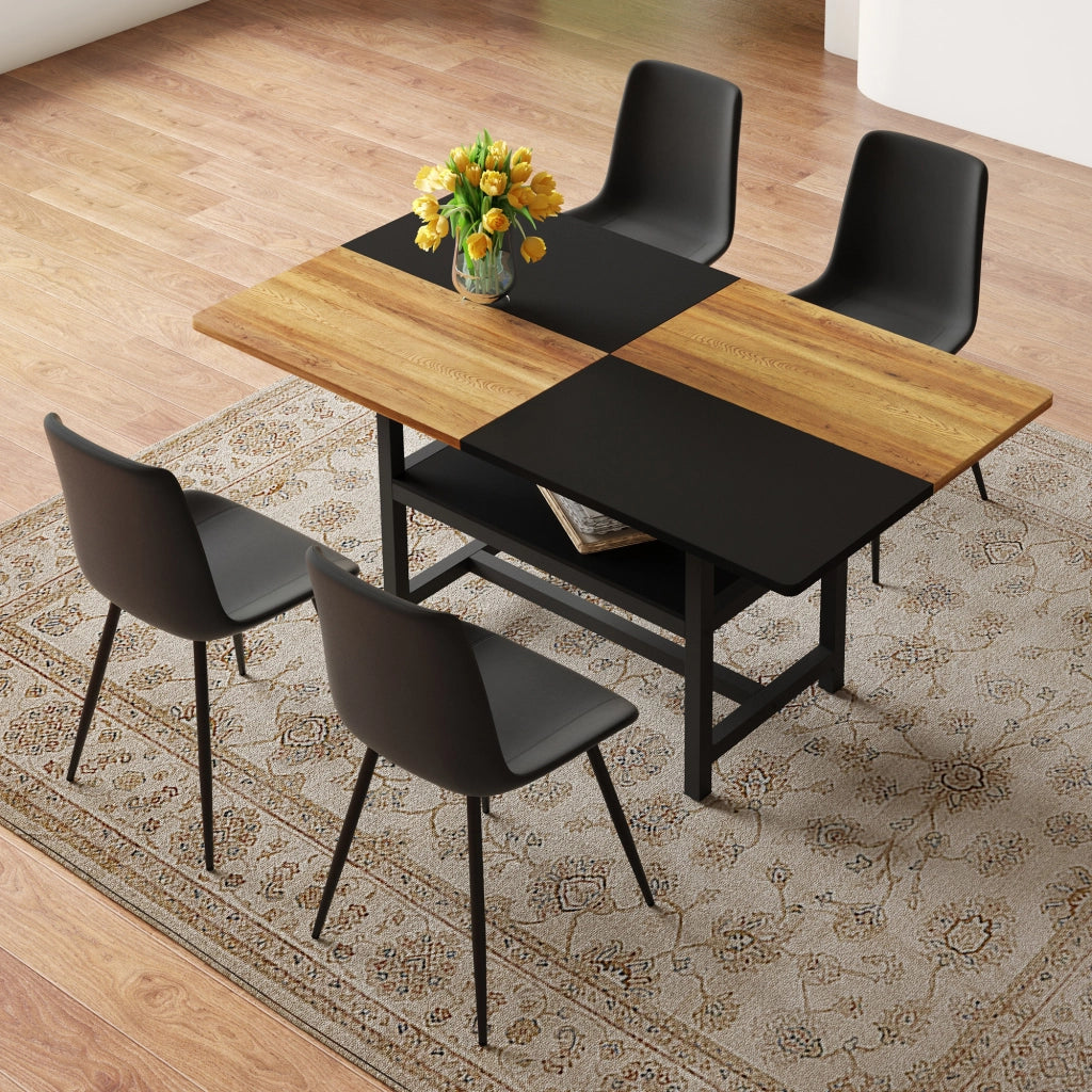 Tavolo da pranzo per 4 persone con vano contenitore e 4 sedie, in MDF, metallo e pelle PU, marrone e nero