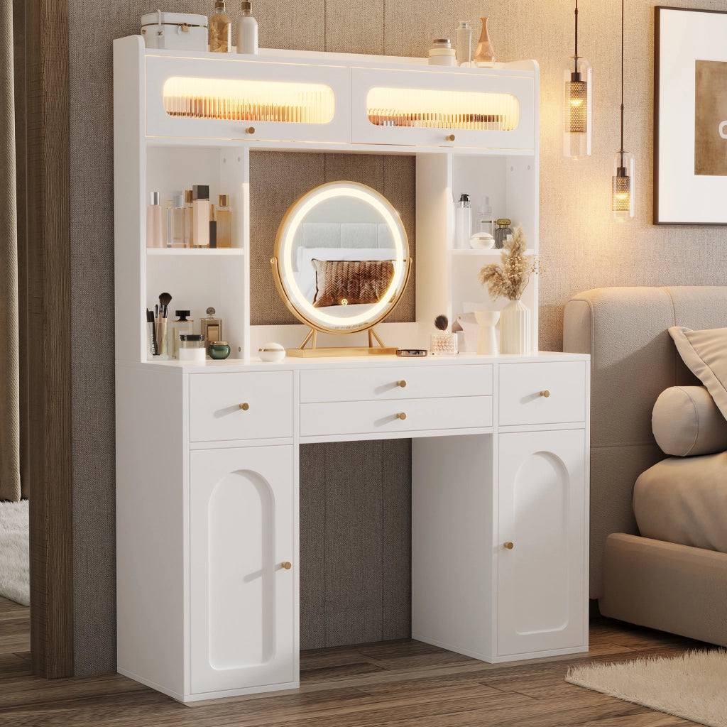 Tavolo da trucco con specchio rotondo, illuminazione LED, 4 cassetti, 4 vani aperti, 2 armadietti e 2 ante in vetro, bianco, 120¡Á40¡Á160 cm