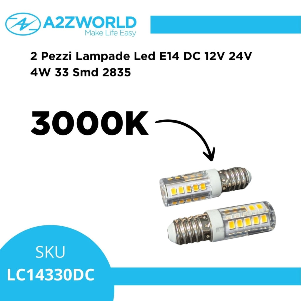 2 Pezzi Lampade Led E14 DC 12V 24V 4W Bianco Caldo 3000K 33 Smd 2835