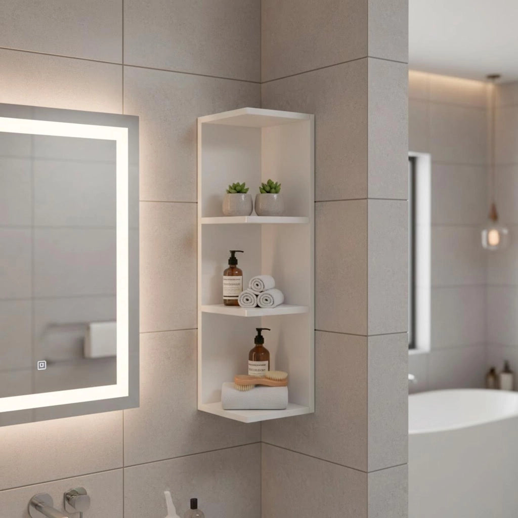 Modulo Angolare Per Bagno Sospeso Con 3 Ripiani Per Organizzare Accessori Prodotti Asciugamani Design Moderno Compatto Regina 65 x 20 x 19.5 Cm Bianco Lucido