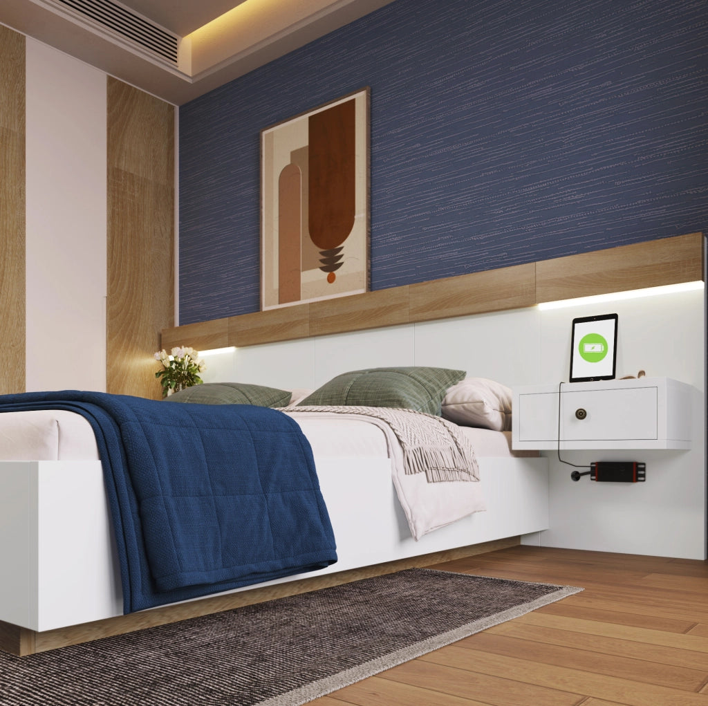 Letto matrimoniale ULEVR 160x200 cm con 2 comodini LED, USB, USB-C e prese UE, Sonoma rovere e bianco