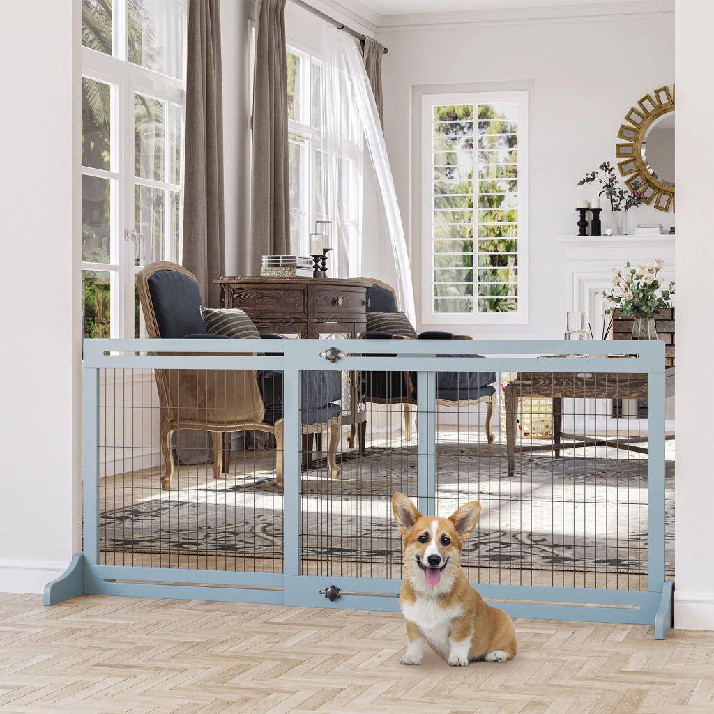 EasyComfort Cancellino per Cani Estensibile da Interno in Legno e Acciaio, 104-180x36x69cm, Blu-grigio