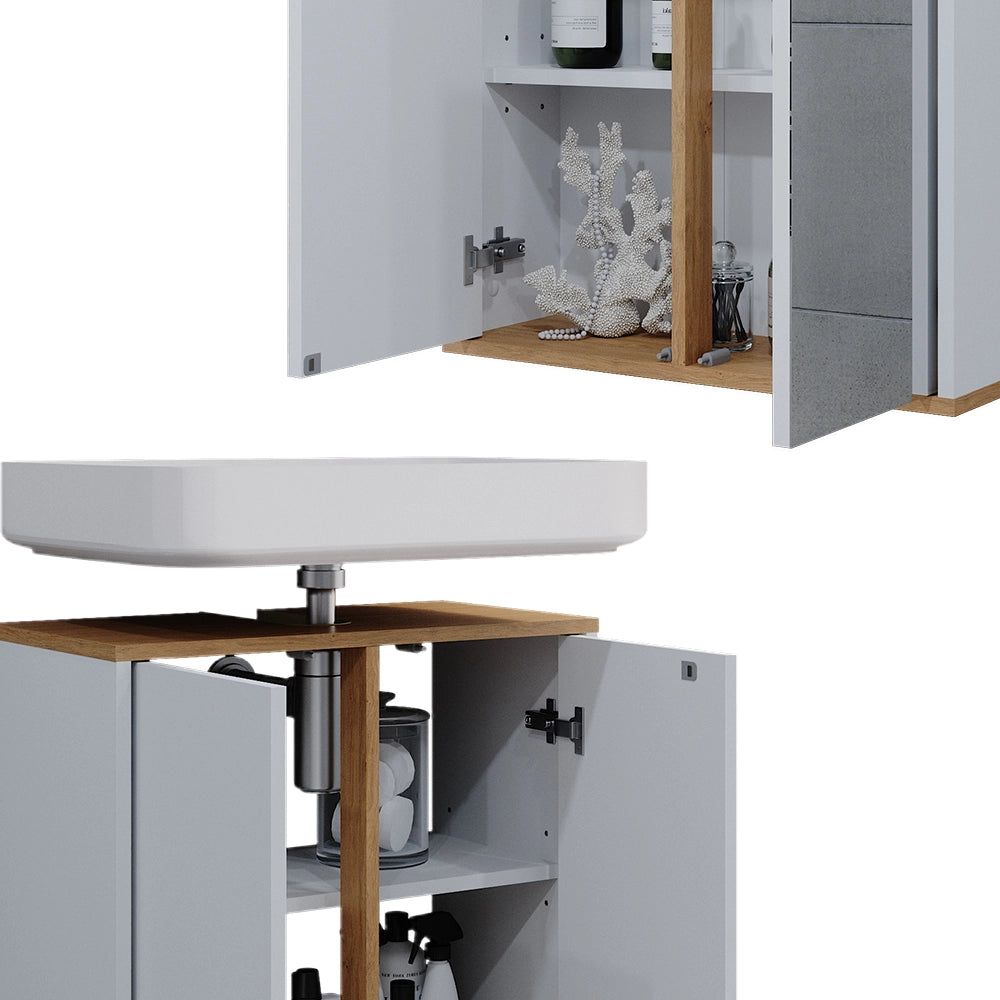 Vicco Set mobili bagno Bianco/Artisan 4 pezzi, con colonna e mobile midi con ante