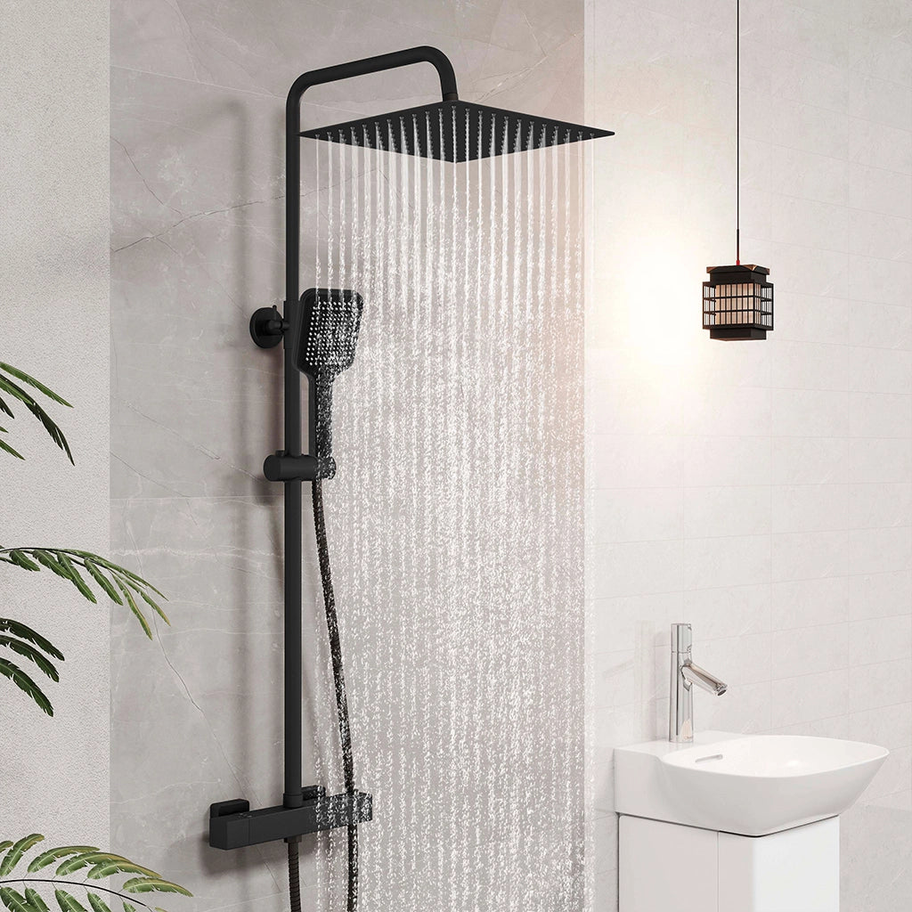 AICA Colonna doccia con miscelatore termostatico, rubinetto doccia 28x4cm, soffione doccia quadrato 30x30cm in acciaio inox nero