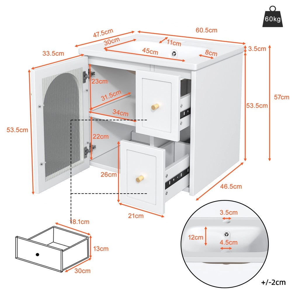 Mobile da Bagno Sospeso con Lavabo in Ceramica, LED e Ante in Vetro ¨C Xylo ¨C Nero/Bianco