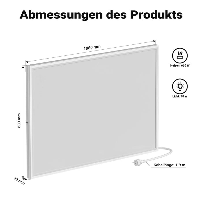 Riscaldamento a soffitto 660 W, pannello per riscaldamento a infrarossi con luce LED e termostato, 108 x 63 x 3,5 cm