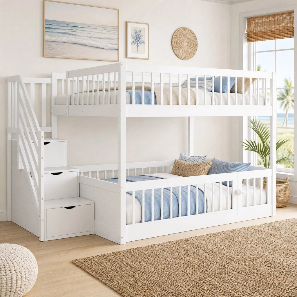 Letto a castello 140x200 cm in legno bianco con scale