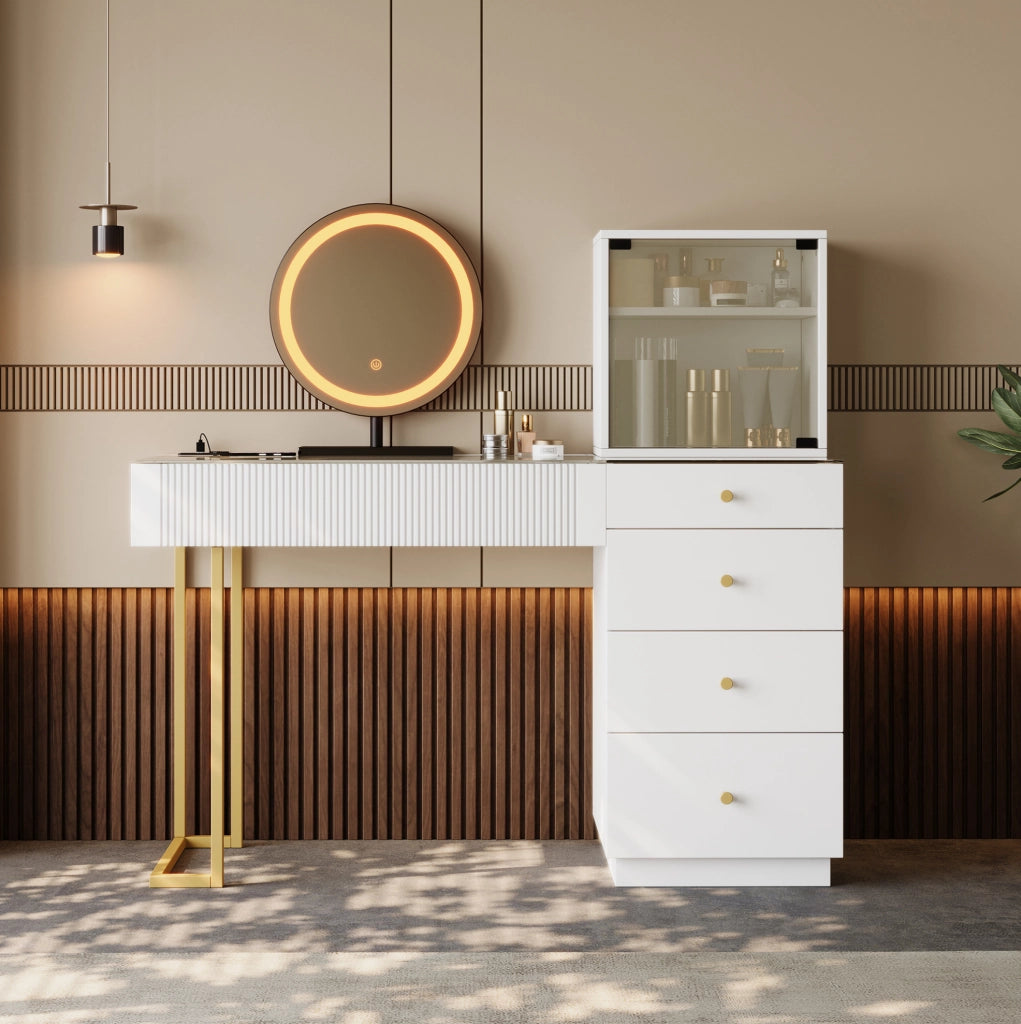 Toeletta bianca con specchio LED, 5 cassetti e armadietto, 120x40x120 cm