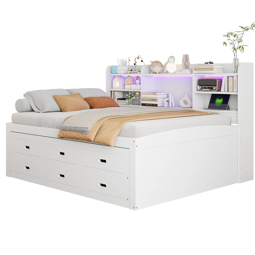 OKWISH Letto a Scomparsa 140×200 cm, Letto Matrimoniale con LED Regolabile, 3 Cassetti, USB, Tipo C e Ripiani, senza Materasso, Bianco