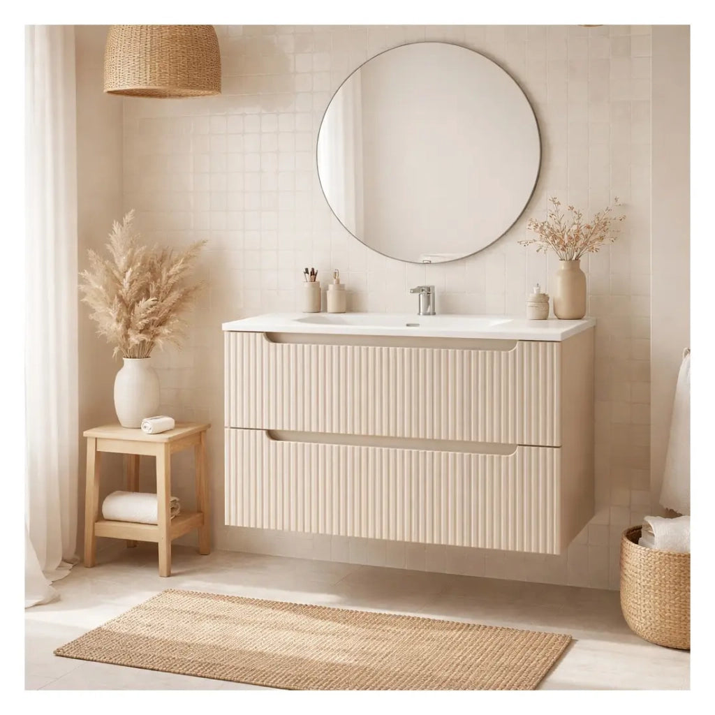 Insieme VANO cashmere e bianco 80cm: mobile sotto lavabo con cassetti scanalati verticalmente + lavabo incassato bianco