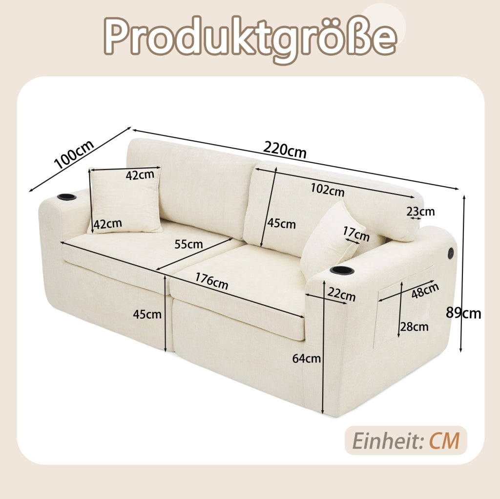 Divano relax 2 posti in ciniglia beige con USB; portabicchieri e tasche