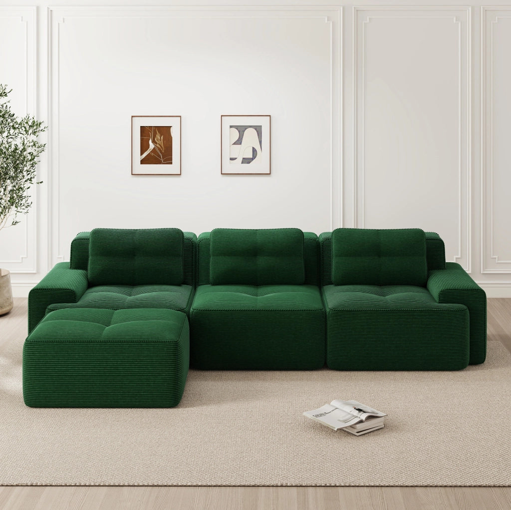 Divano modulare 293x177x69 cm in velluto a coste verde; design basso senza montaggio