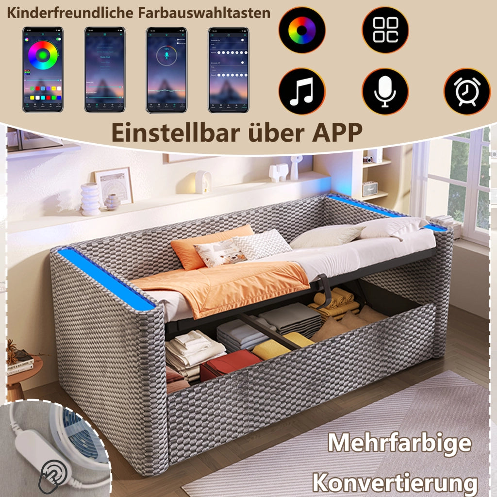 OKWISH Letto a Divano 90×200 cm, Letto Singolo con Contenitore Idraulico, LED Multicolore e Controllo tramite App, senza Materasso, in Velluto, Grigio