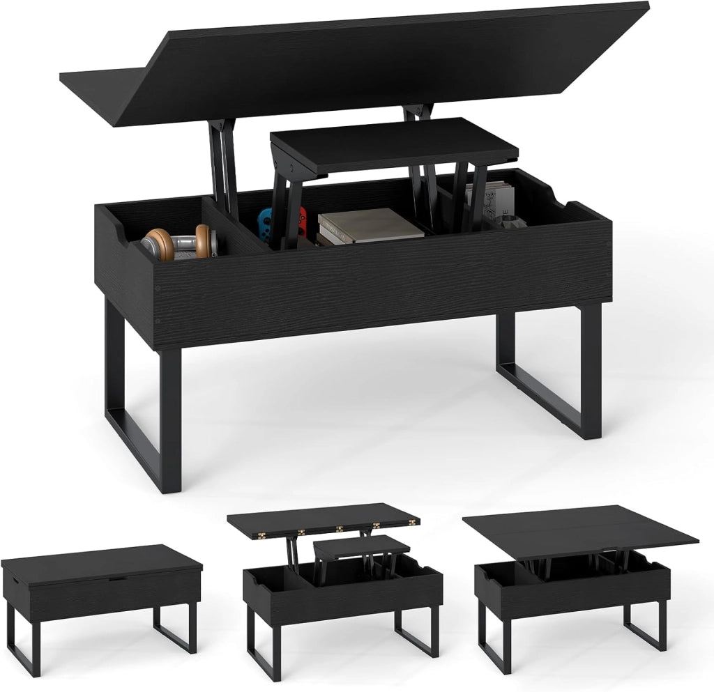 3 in 1 Tavolino da Salotto con Piano Sollevabile e Pieghevole, Tavolino Moderno Trasformabile in Tavolo da Pranzo in Legno con 3 Vani Nascosti, Ideale per Soggiorno e Ufficio (Nero)