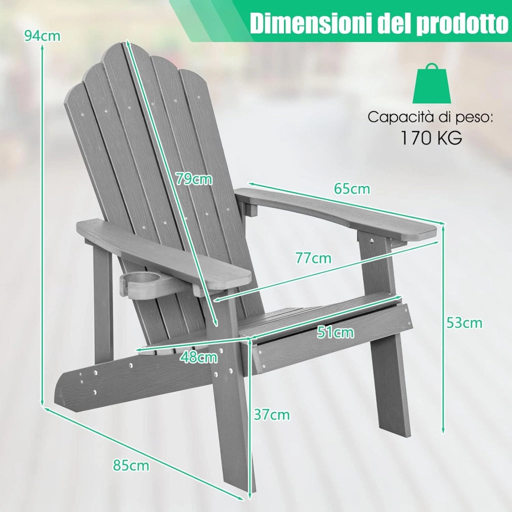 Sedia da Giardino Adirondack in HIPS, Sedia Adirondack con Portabicchieri, Poltrona da Esterno Resistente, per Giardino, Balcone, Piscina, Portata 150 kg (2, Grigio)