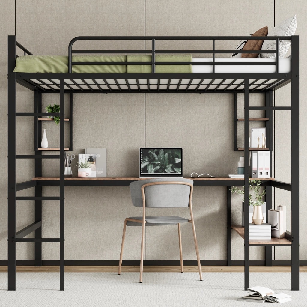 Letto a Soppalco Letto Matrimoniale con Scrivania; 4 Scaffali e Libreria 140×200 cm; senza Materasso