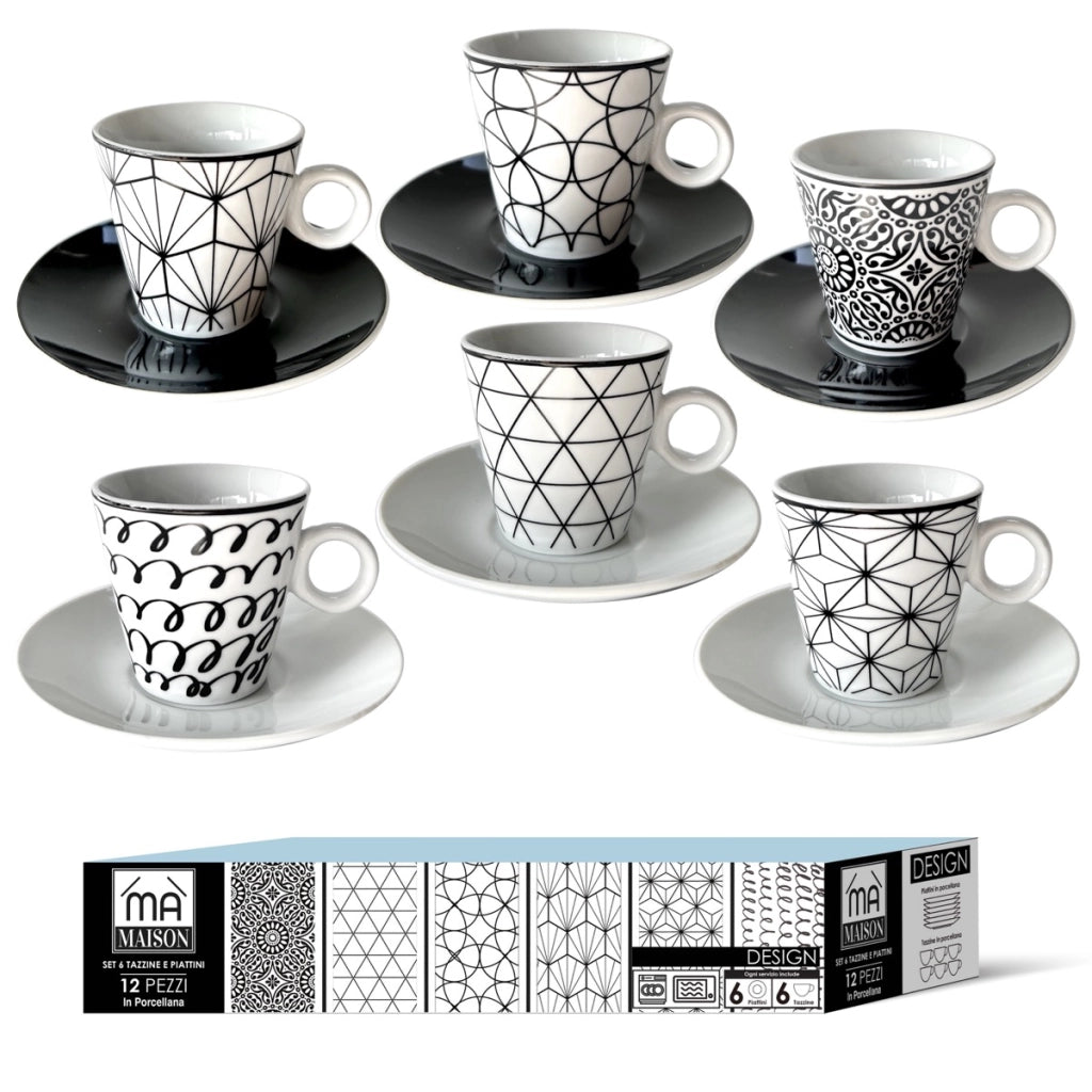 SET 6 TAZZINE DA CAFFE' DESIGN MODERN CON PIATTINO COLORE NERO E BIANCO IN SCATOLA 6 X 6 CM
