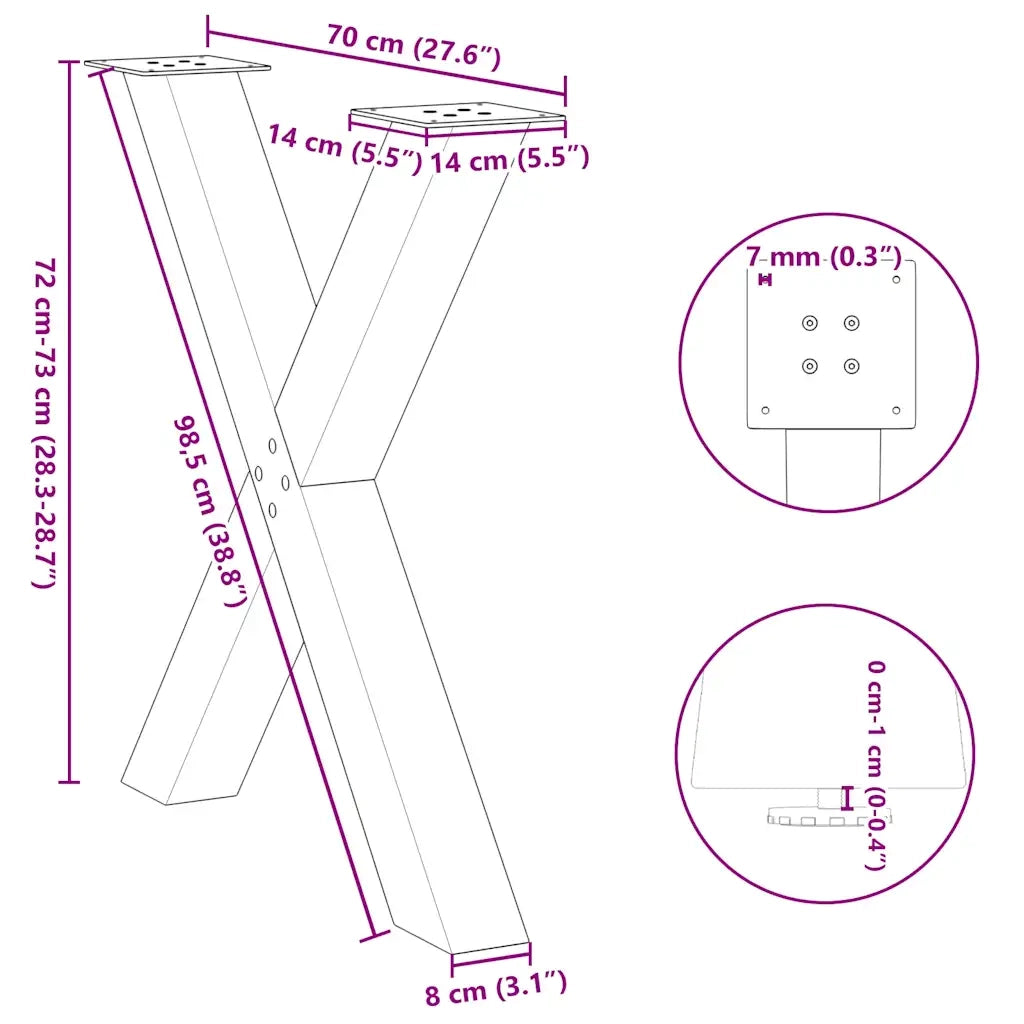 Gambe per tavolo da pranzo a forma di X 2 pz bianche 70x(72-73) cm in acciaio