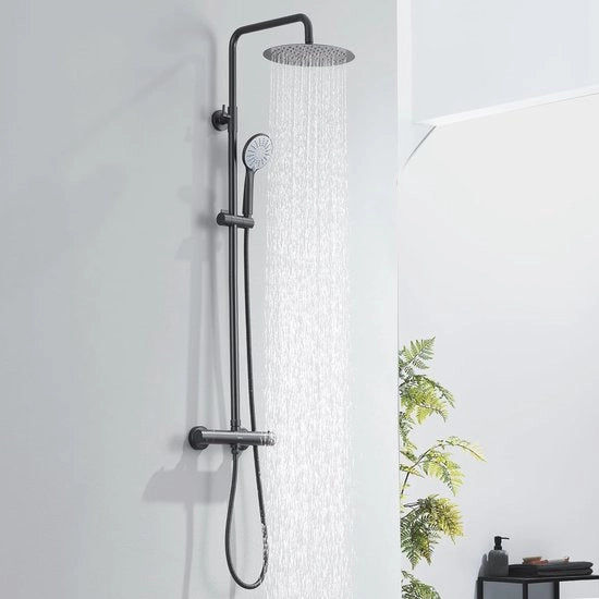 Set completo di doccia moderna con termostato e chiusura di sicurezza - impianto di doccia in acciaio inox con testa di doccia e maniglie in acciaio inox