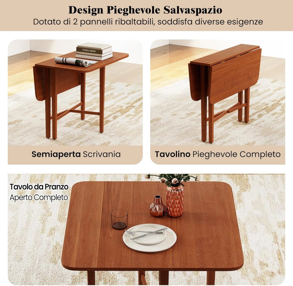 Tavolo da Pranzo Quadrato per 2-4 Persone, Tavolo Pieghevole in Legno con 2 Pannelli a Ribalta e Gambe in Legno di Gomma Solide, per Cucina e Sala da Pranzo, 90 x 90 x 74,5 cm