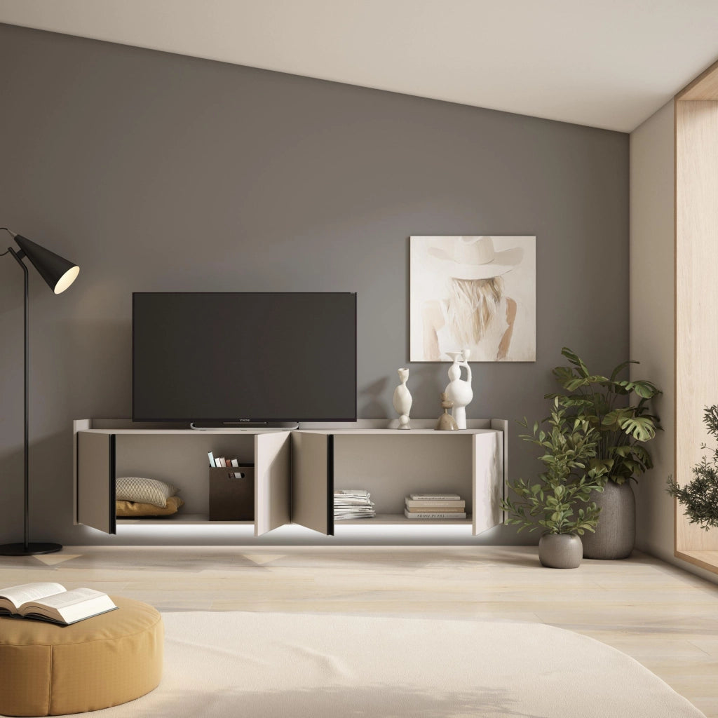 Mobile TV Soggiorno, 207x50x35 cm, Per TV fino a 80", Sospeso, da appendere, LED, Beige