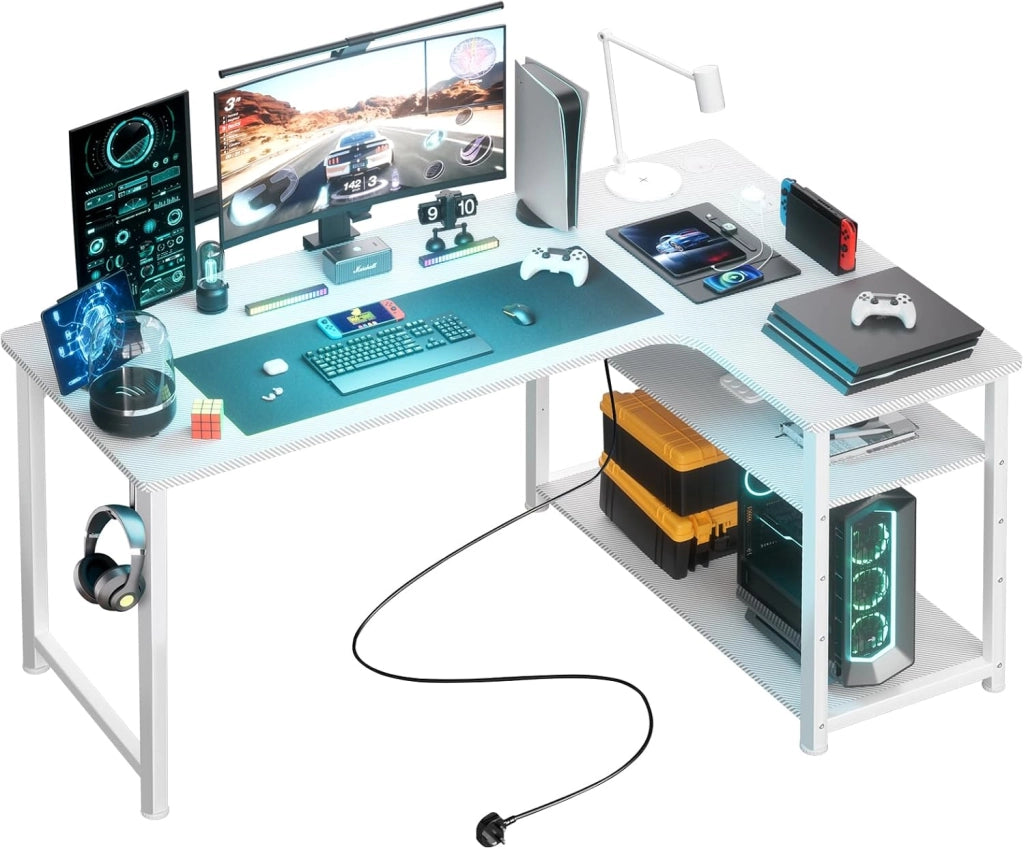 Scrivania da gioco a forma di L, scrivania angolare con ripiani portaoggetti, tavolo per computer con porta di ricarica USB e presa di corrente, 120L*80P*74H, per giocare, lavorare