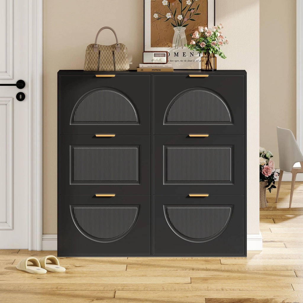 Scarpiera con 6 ribalte e ripiani regolabili con dispositivo antiribaltamento in MDF 118×25×115 cm Nero