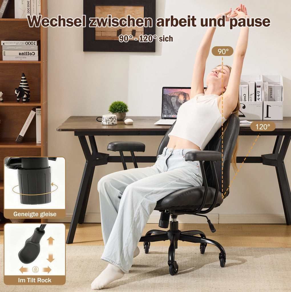 Sedia ergonomica da ufficio in pelle nera con braccioli removibili e ruote silenziose