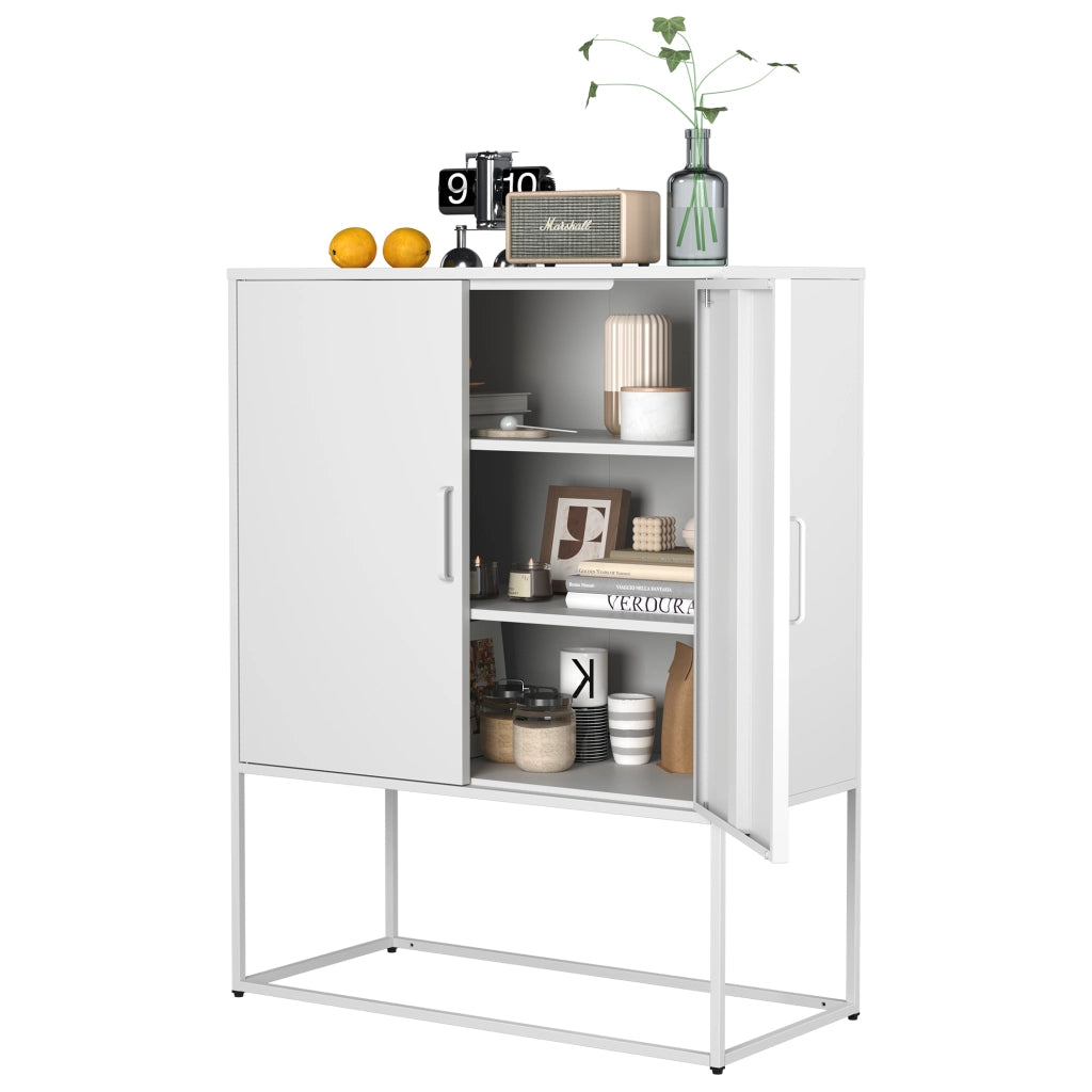 Credenza in metallo con 2 ripiani; ante magnetiche e sistema antiribaltamento per soggiorno e cucina; bianco; 85 × 40 × 109 cm