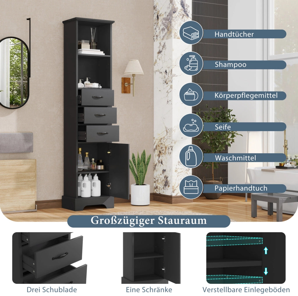 Mobile da bagno nero 38 x 26 x 172,5 cm con cassetti e ripiani regolabili
