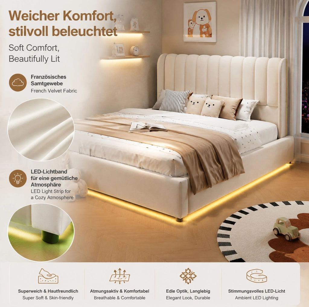 Letto contenitore per bambini con 3 cassetti, LED e velluto beige