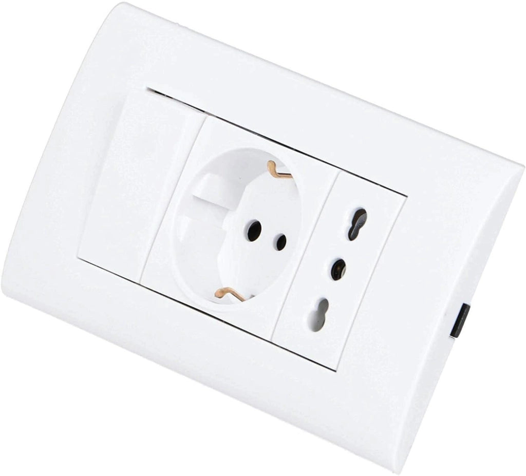 Placca Placchetta Elettrica 3 Posti con Interruttore e Schuko Bipasso