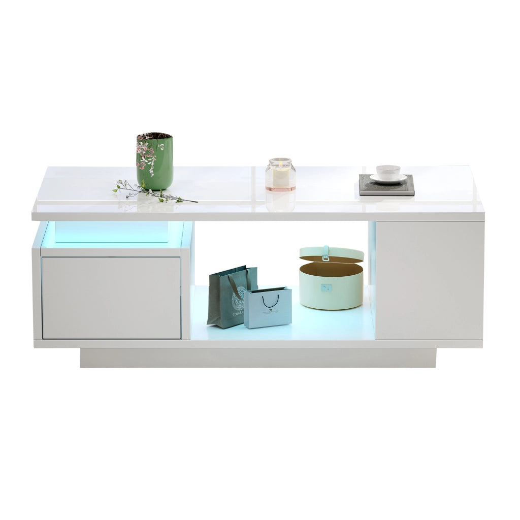 Tavolino da caffè 100x50x36 cm con LED; cassetto e ripiani laterali bianco HAVRYA