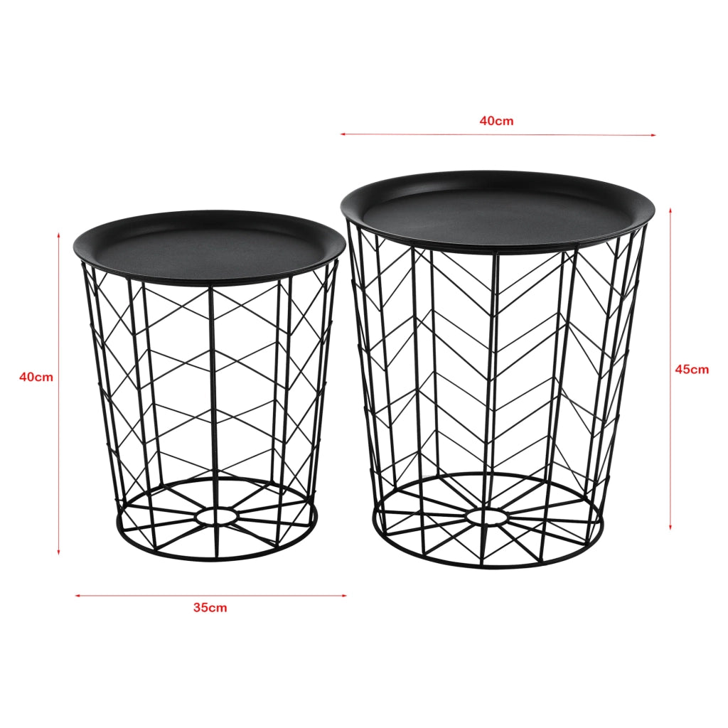 Set di 2 tavolini da caffè di design tavolini da soggiorno cestini vassoi estraibili metallo varie misure nero 03_0006053