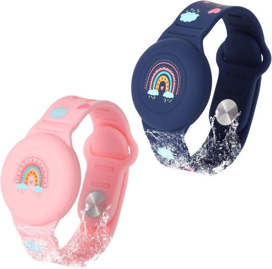 Banda per polso per AirTag per bambini con disegno boho arcobaleno per bambini, bambini piccoli, adulti, adattabile per nascondere il tracker GPS (Azzurro notturno Rosa) Silicone - 2pz