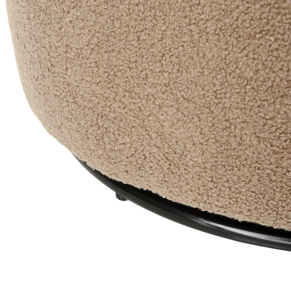 Poltrona con schienale curvo in tessuto bouclé tortora base girevole 360° Art Deco dorato
