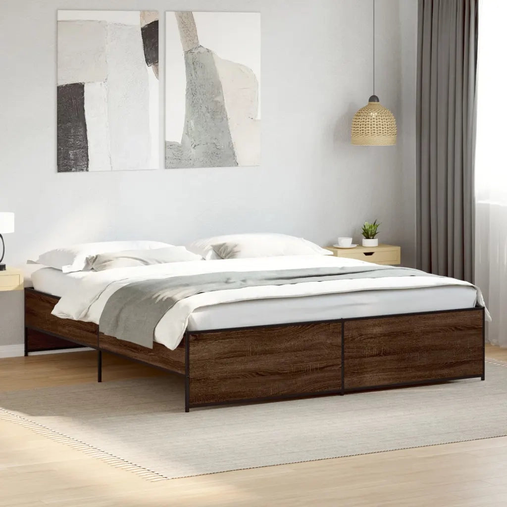 Letto matrimoniale | Letto per adulti | Giroletto Rovere Marrone 200x200cm in Legno Multistrato Metallo
