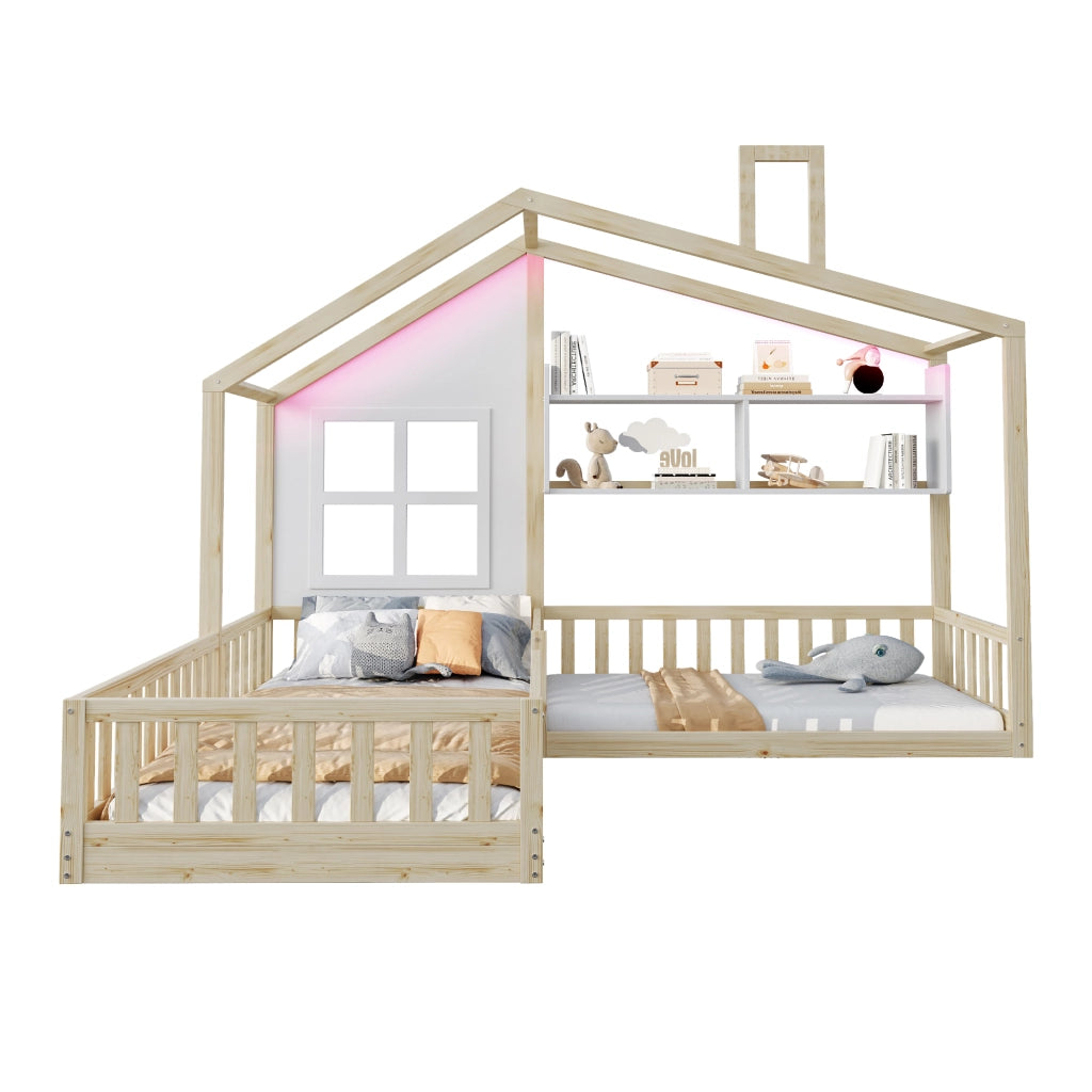DESMIU Letto Bambino Singolo con Sponde, Mensole e LED, 90 × 200 cm e 140 × 70 cm, Senza Materasso