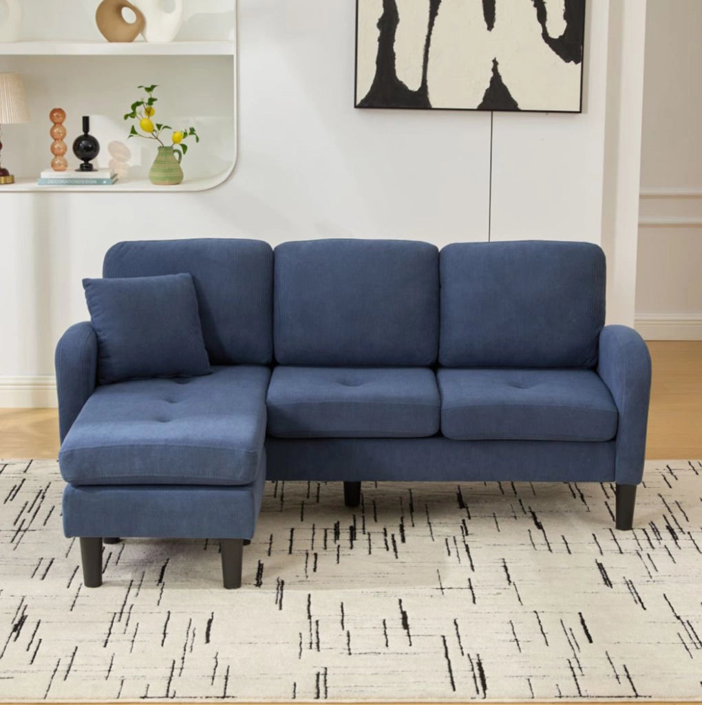 Divano angolare modulare con chaise longue reversibile 166 x 118 x 77 cm; in corduroy blu
