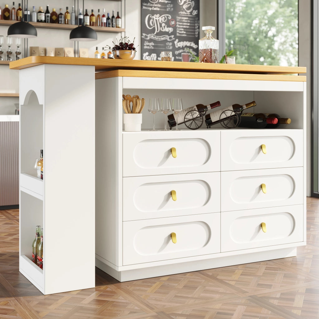 Tavolo da Pranzo Allungabile con 6 Cassetti; Ripiano Laterale e Piano Girevole; in MDF; 137-203x39x90 cm; Bianco